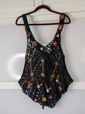 Free People Last Rose Embroidered Crochet Mesh Knit Tank Top Shirt Size Small